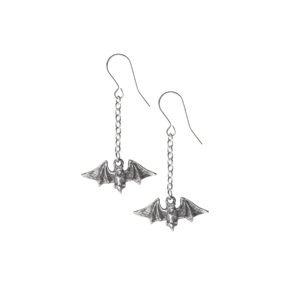 Alchemy Gothic Hanging Bat Chain Hook Earrings NEW - Picture 2 of 4